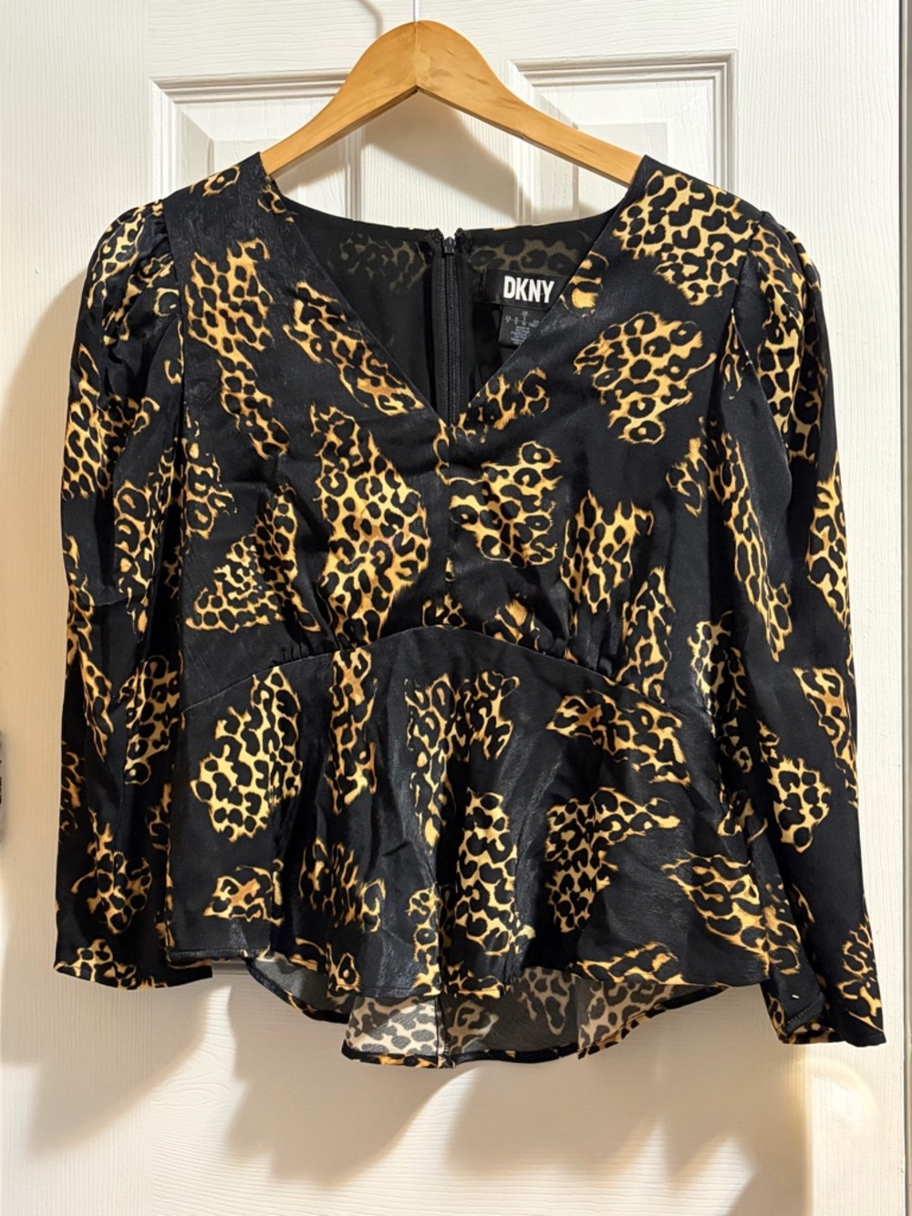 DKNY Black and Gold Leopard-Print Peplum Top